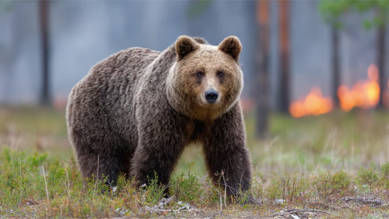 A Grizzly Bear Navigates Through a Smoky Forest with Flames in the Background, Capturing the Tension of Wildlife in a Changing Environment