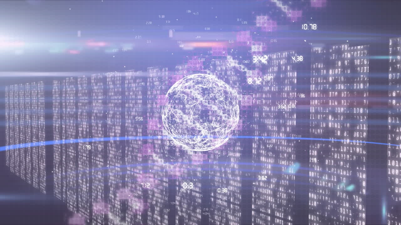 도시 풍경 위의 지구와 함께 금융 데이터 처리의 애니메이션