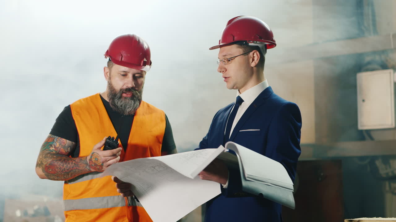 dos ingenieros estudian dibujos trabajan en el almacén 3