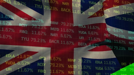 animation of stock market data processing and microprocessor connections over waving uk flag