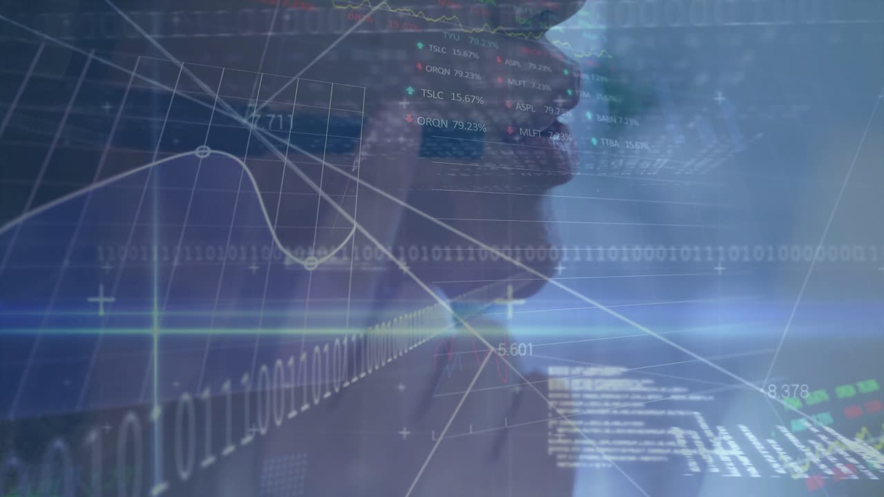 Businesswoman picking up handset and speaking in office, animated finance graphs tracking call data