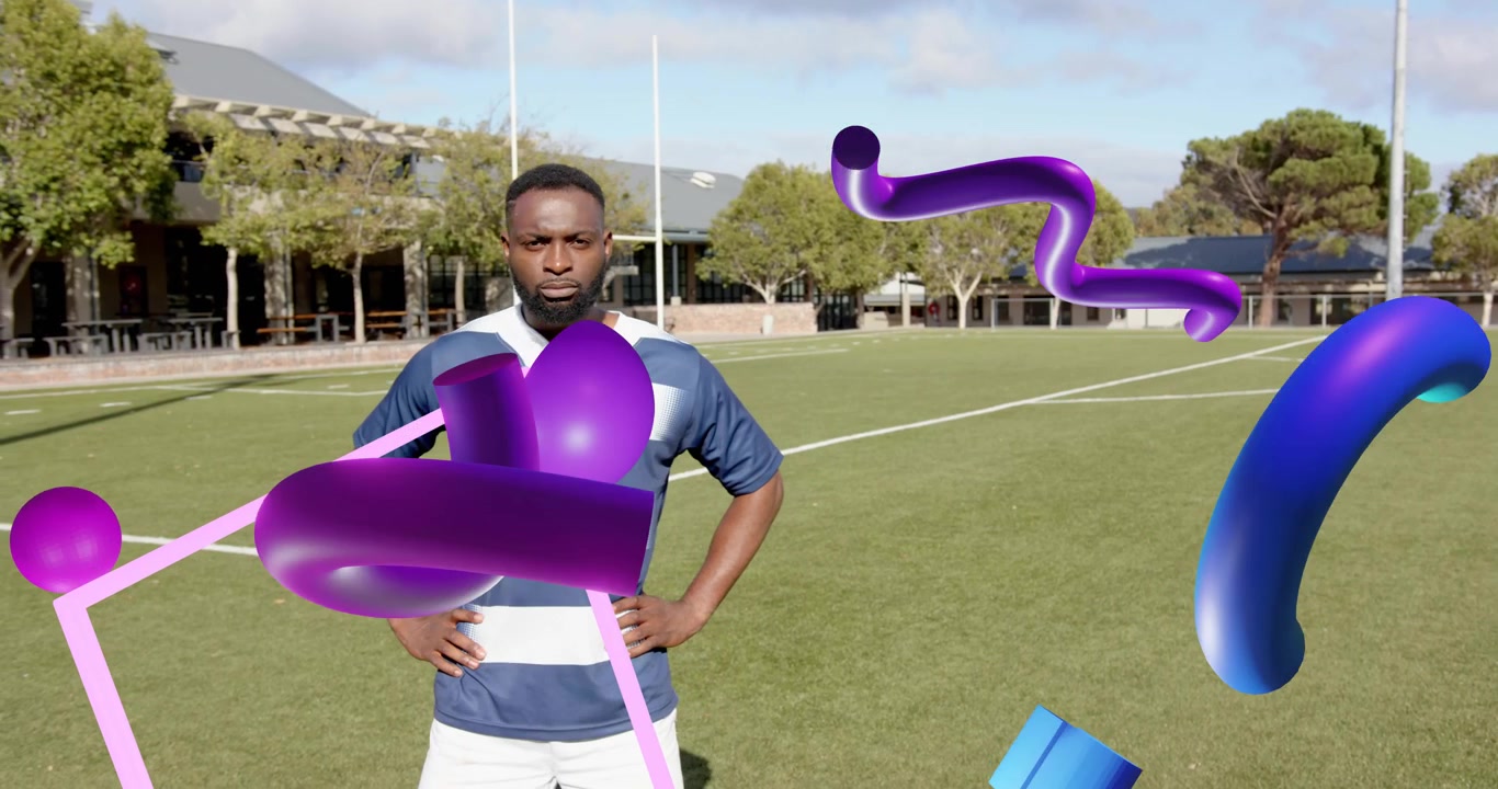 Athlete standing on field meeting 3D shapes swirling around torso adjusting jersey for sports ad