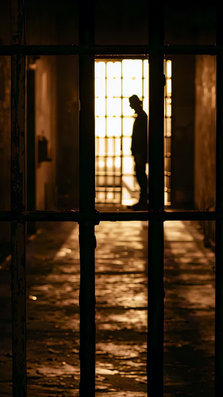 Vertical video: Bright door drawing man in hat walking down dim hall pausing using panel past bars