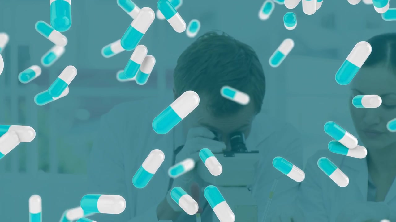 Animation of pills falling over caucasian female and male lab workers with microscope