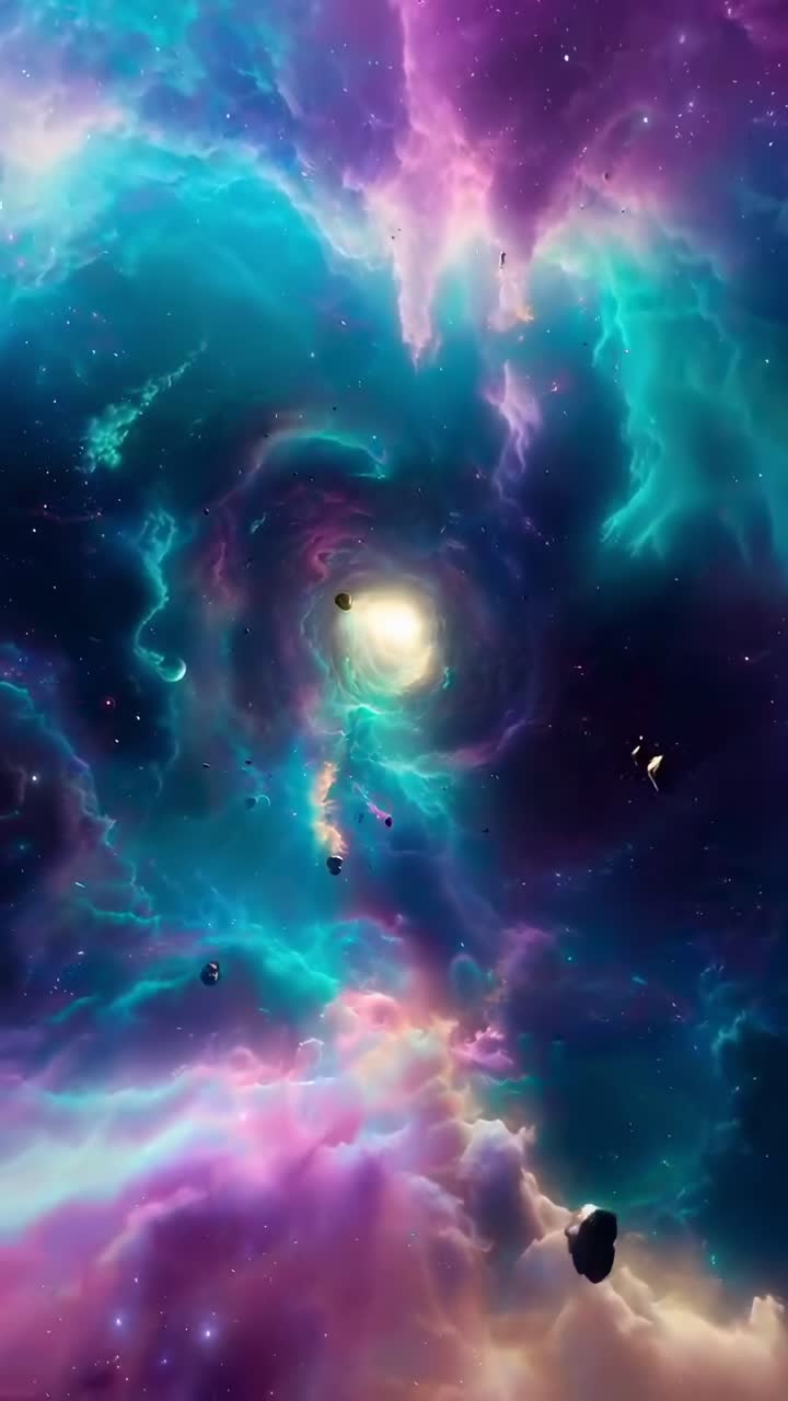 Scena video cosmica con angolazione dall'alto, che mostra galassie e pianeti vibranti.