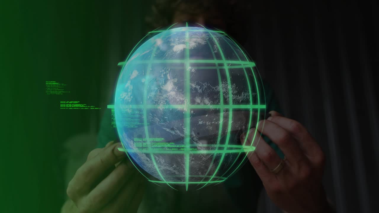 Man tapping touchscreen device and projecting hologram globe with green grid for tech data analysis