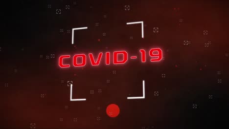 Animation-of-glowing-red-covid-19-text-with-markers-and-red-spots-over-red-clouds