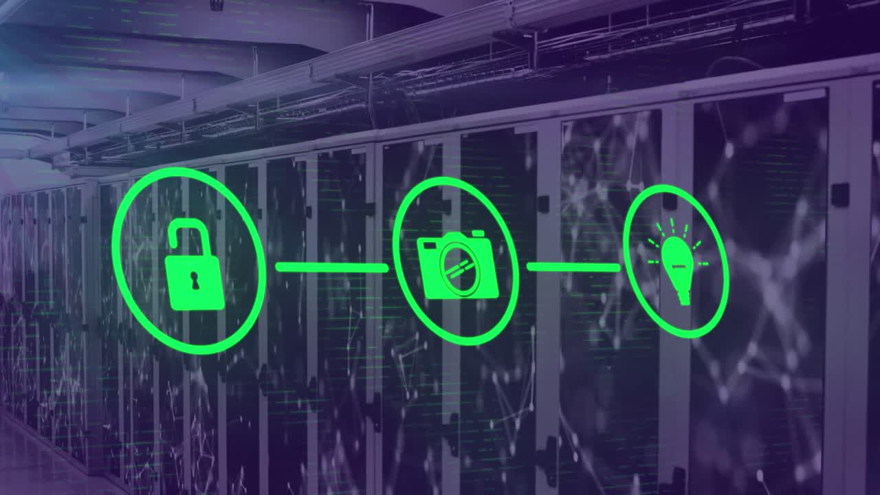 Animation of media icons over server room