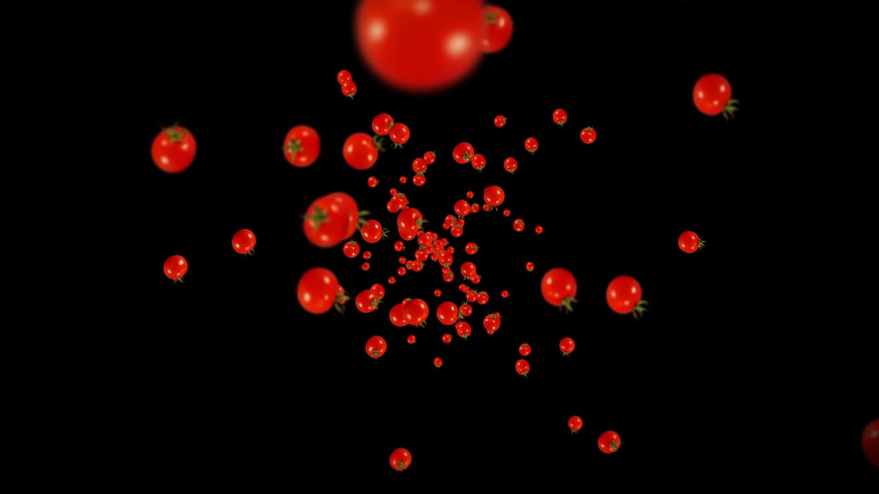 검은색 바탕에 많은 신선한 토마토를 날아. 유기 채소. 익은 맛있는 체리 토마토. 토마토 회전의 3d 루프 애니메이션.