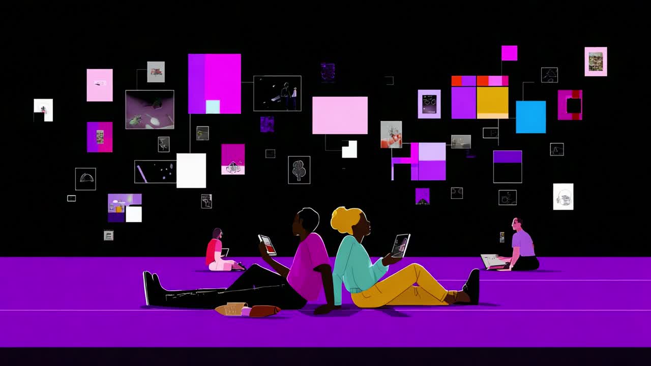 A vibrant digital art scene with diverse individuals engaged in creative activities, showcasing the fusion of technology and creativity against a striking colorful background