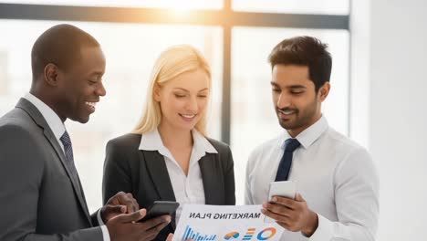 three business professionals collaborate on a marketing plan while engaging with mobile devices in a bright modern office setting
