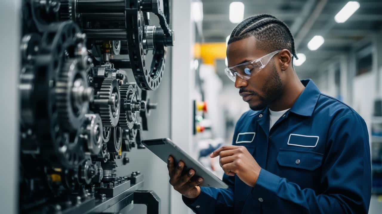 A Skilled Technician Analyzing Machinery Performance on a Tablet in an Advanced Industrial Setting Focusing on Automation and Precision Engineering
