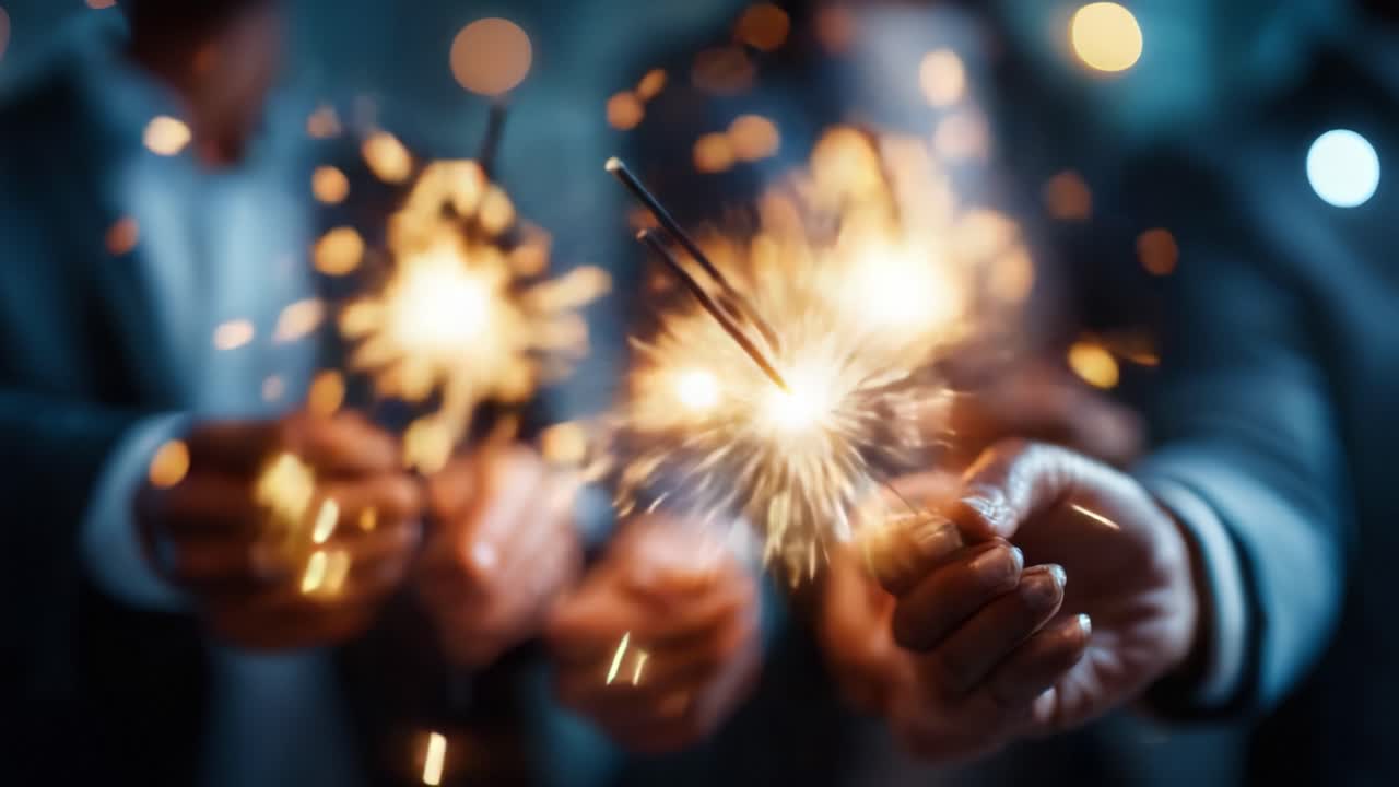 Momenti di festa con scintillanti fuochi d'artificio: una straordinaria espressione di gioia e unione catturata in due immagini di persone che tengono in mano stelle filanti durante una festa.