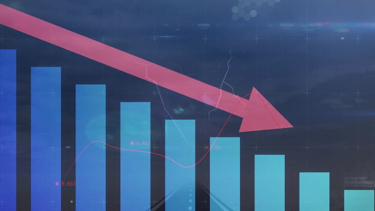 Animazione di una freccia rossa verso il basso che mostra un declino finanziario su un grafico a barre