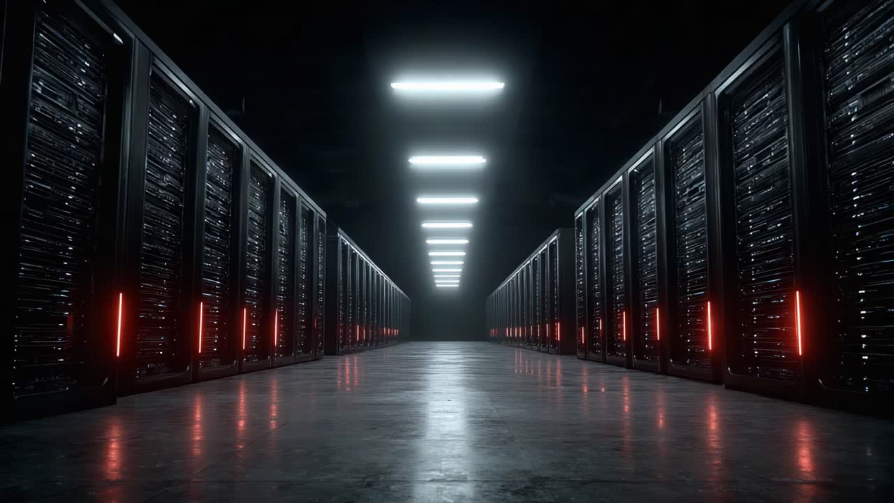 Exploring a Futuristic Data Center with Server Racks Illuminated by Neon Lights in a Darkened Environment, Showcasing Advanced Technology and Infrastructure