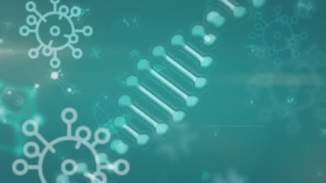 Animation-of-DNA-strain-spinning-with-macro-Covid-19-cells-icons-floating-on-blue-background