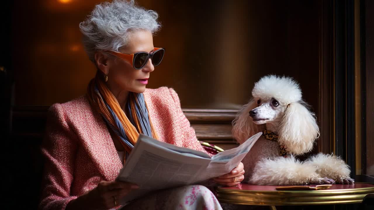 A stylish woman with vibrant gray hair and sunglasses reads a newspaper while sitting with her elegant poodle, showcasing a moment of companionship and sophistication indoors