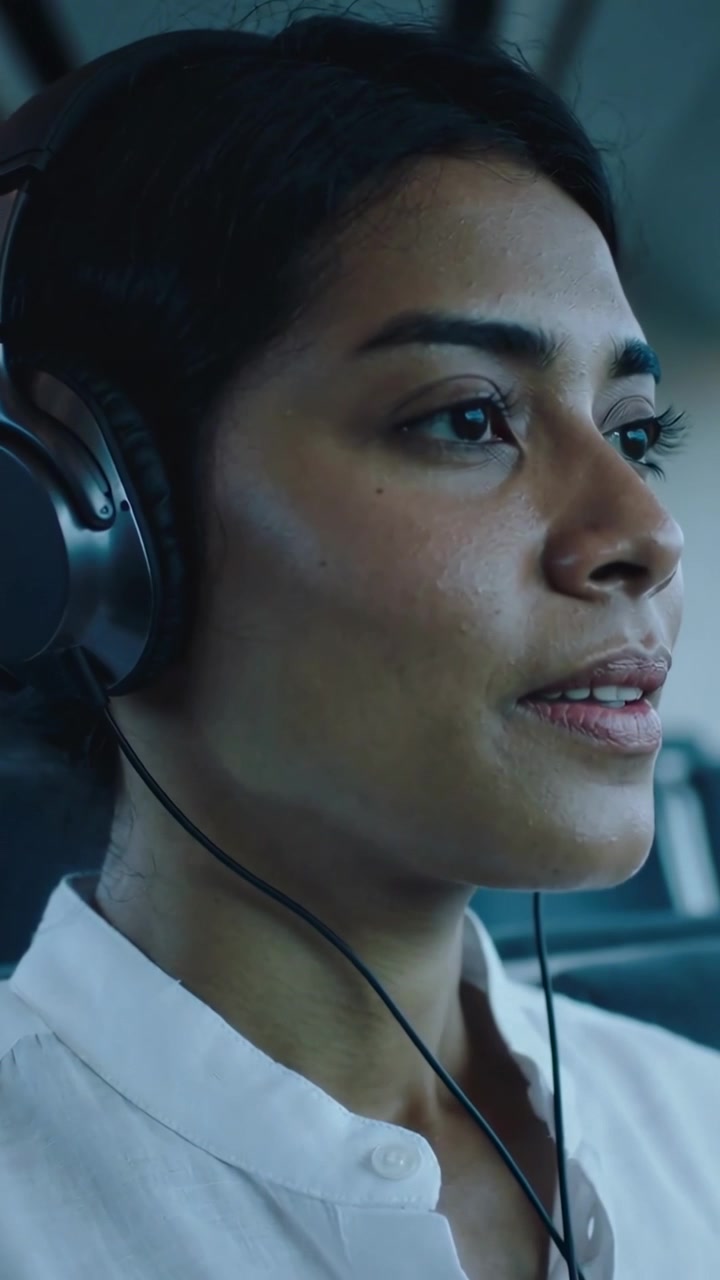 Vertikal video: Lyd spilles av, kvinne i hvit skjorte mimer og lukker øynene på fly med hodetelefoner.