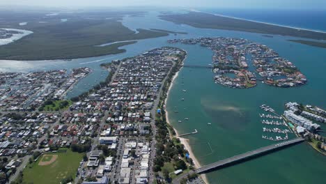 aerial view of paradise point suburb, ephraim island and coomera island in the distance in queensland, australia