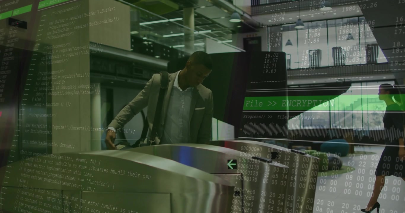 Man scanning badge and initiating encryption while woman approaching gate for digital security