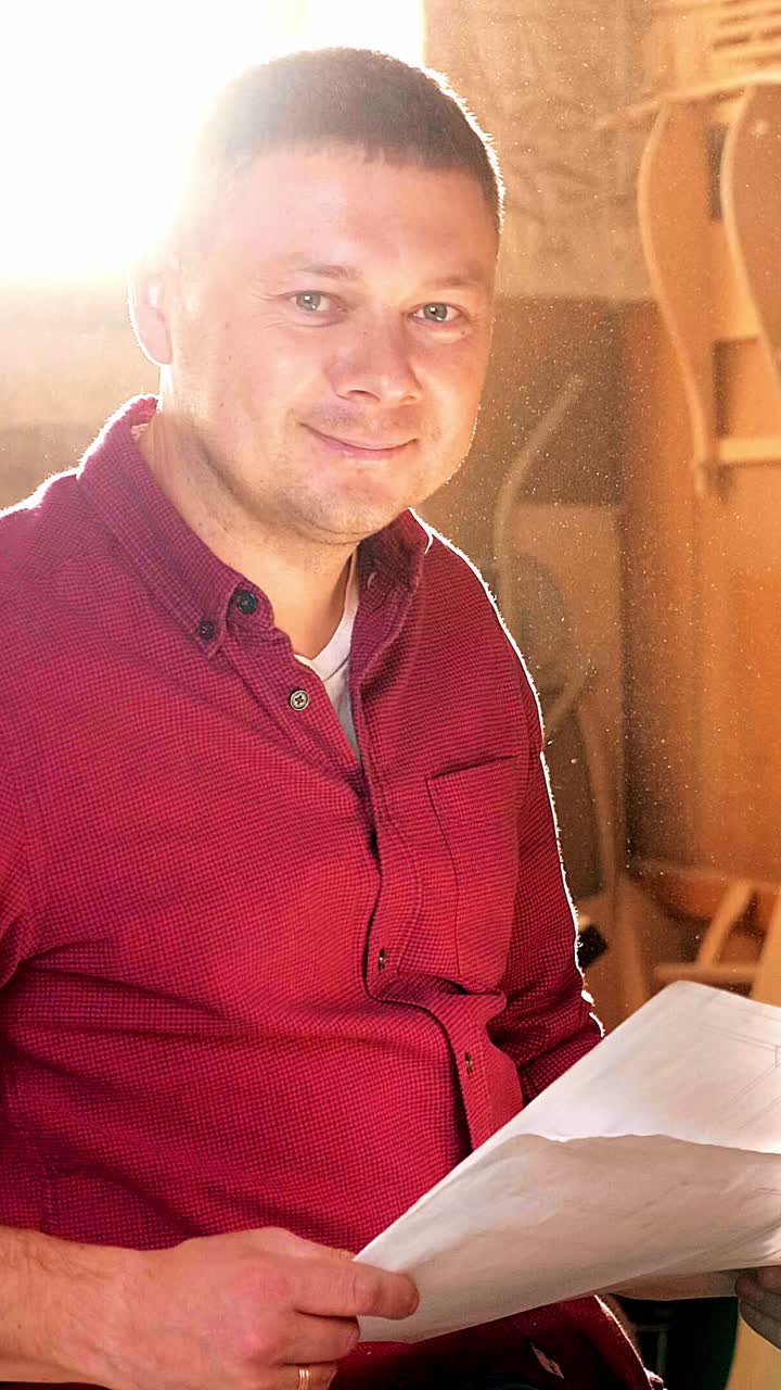Man in red shirt holding blueprints in a sunlit workshop with dust particles in the air