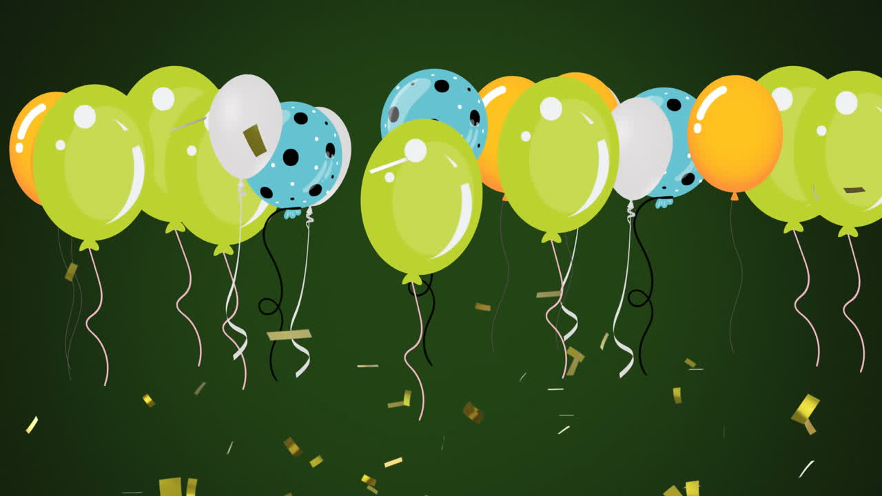 animación de globos de colores que vuelan sobre un fondo verde oscuro