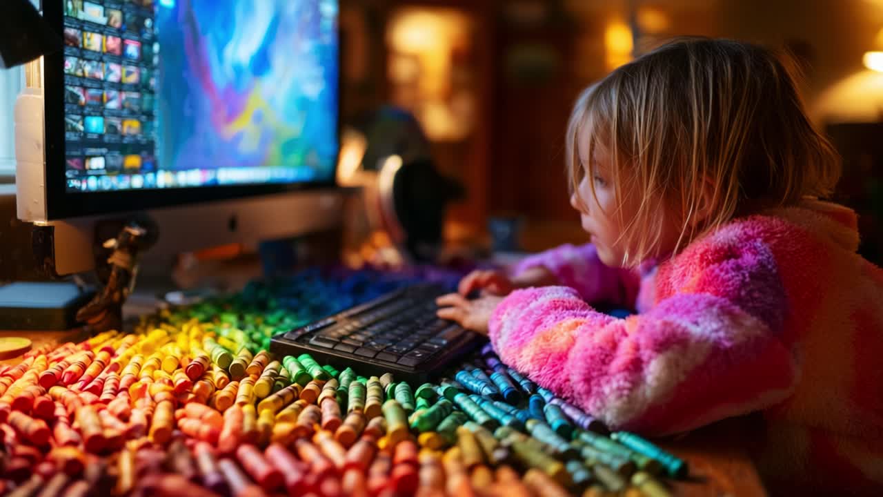 A Young Artist's Creative Space: Engaging with Digital Art and Colorful Crayons at Home, Showcasing Imagination and Exploration in a Playful Environment