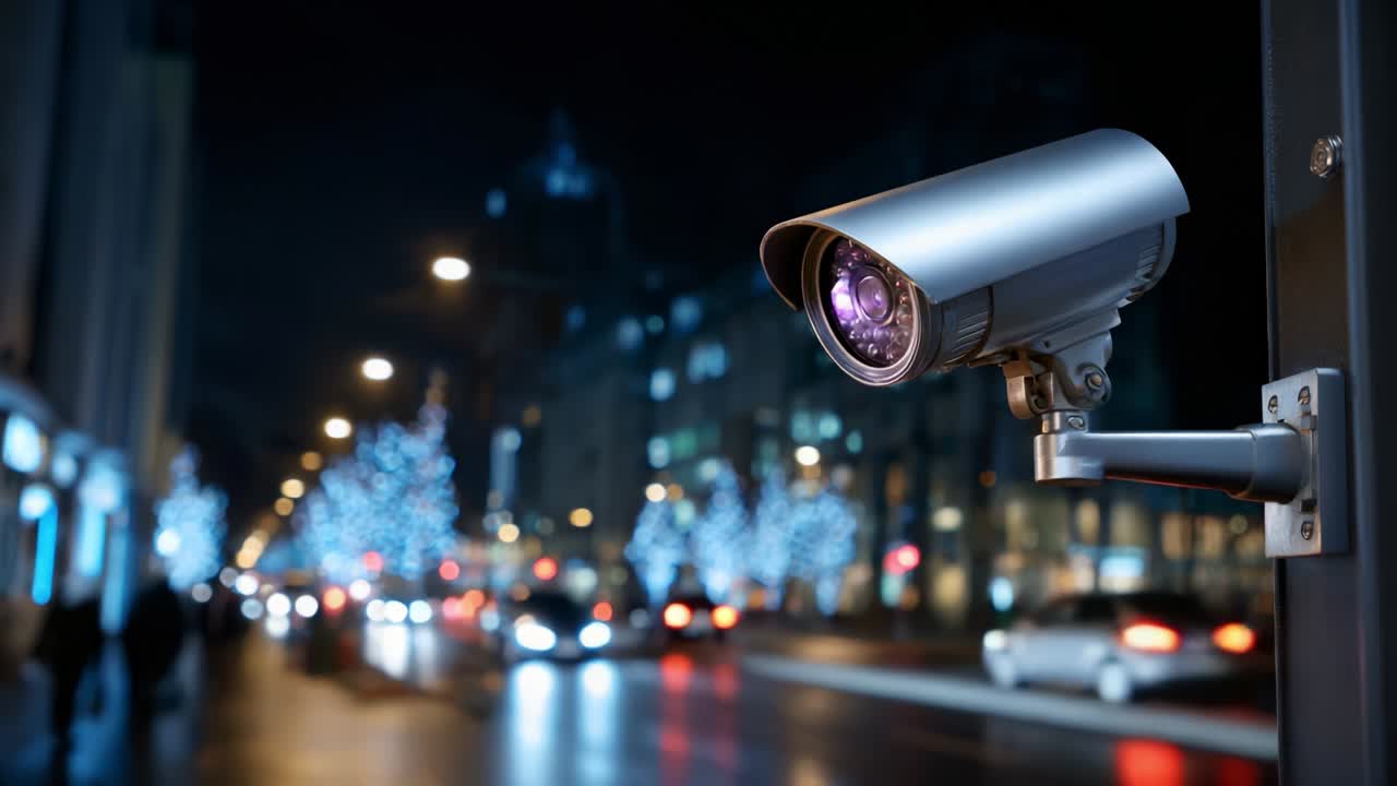 Surveillance Camera Captures a Vibrant City Scene at Night with Colorful Lights and Holiday Decor, Highlighting the Blend of Technology and Urban Lifestyle in a Dynamic Environment