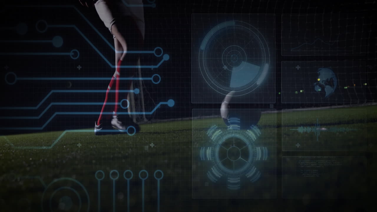 Soccer player on field with digital interface and data processing animation