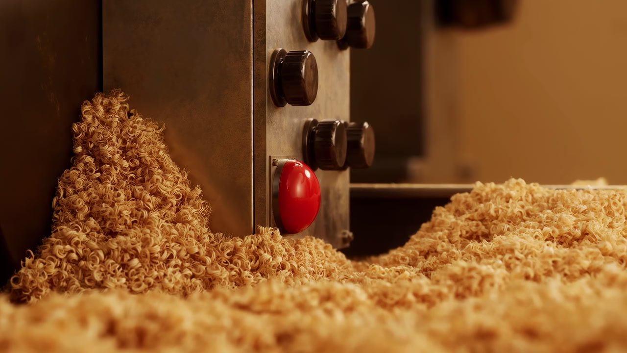 Closeup Planer Shavings On Workbench Amberlit, Cinematic Broll K Showing Red Control Knob Beside Mound