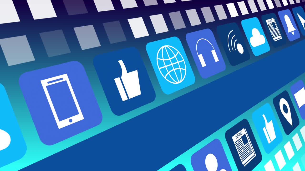 디지털 온라인 아이콘과 파란색 배경에 움직이는 파란색 줄무 ⁇ 의 애니메이션