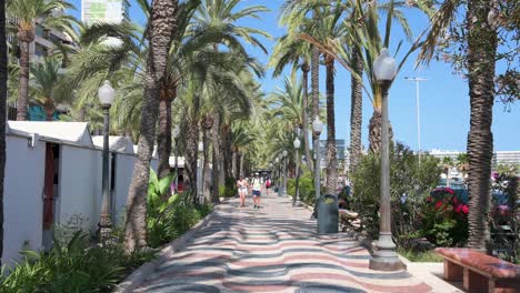 on alicante’s explanada promenade, tourists marvel at the 6.5 million tricolor marble tiles that form a wavy mosaic, set against a backdrop of lush palm trees in spain.
