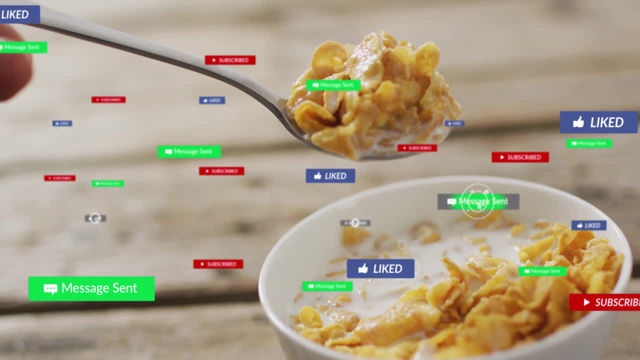 Spoonful of cereal with social media notifications animation over breakfast scene