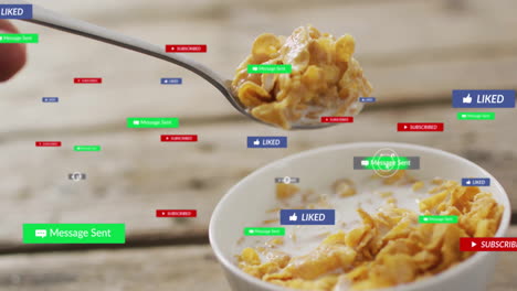 spoonful of cereal with social media notifications animation over breakfast scene