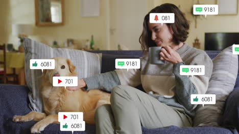 animation of social media icons and numbers over caucasian woman with pet dog at home