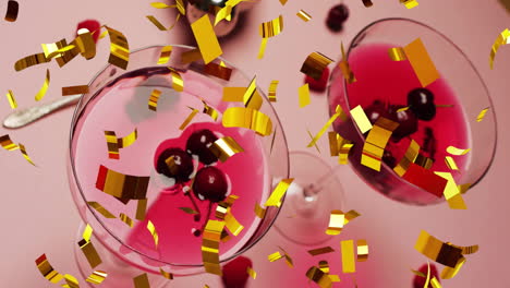 animation of confetti falling and cocktail on pink background