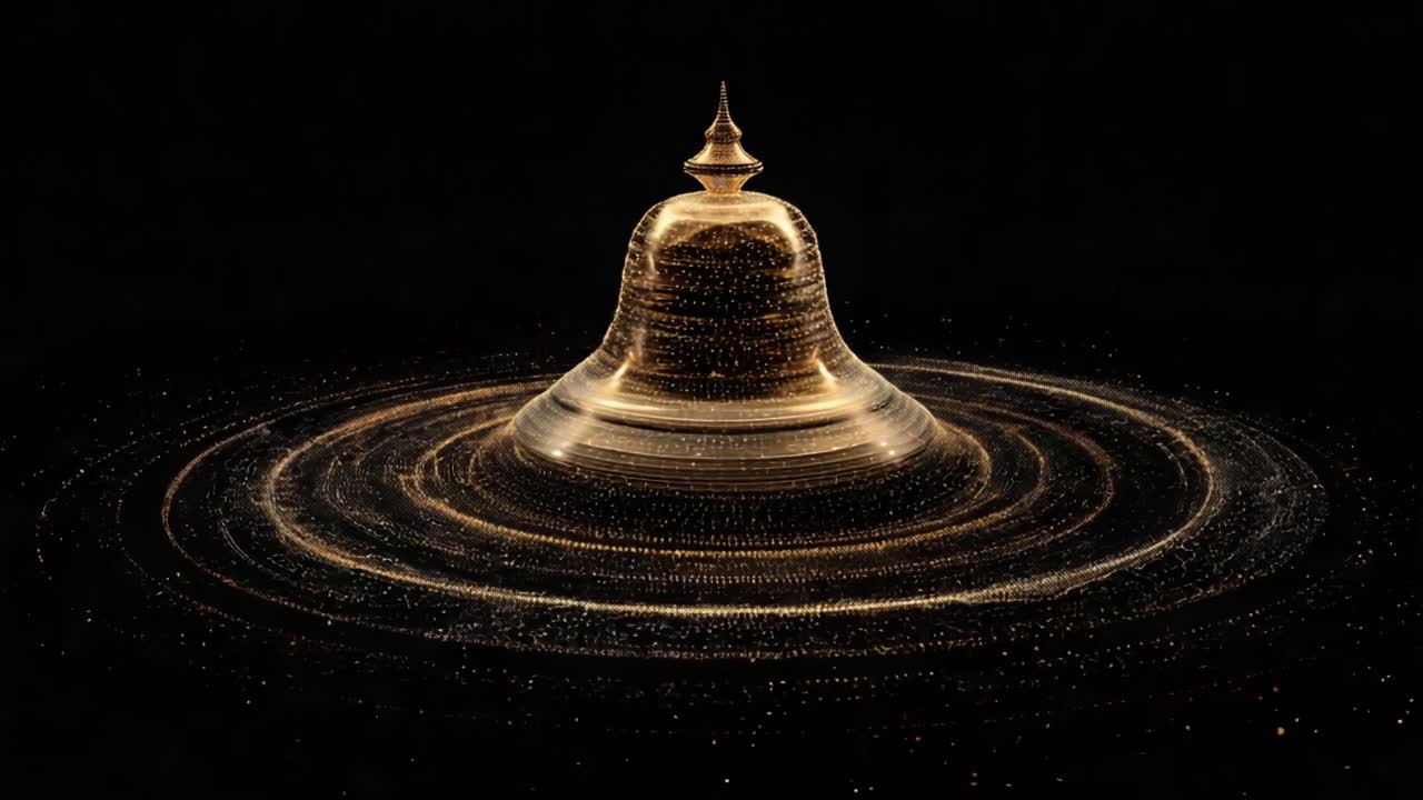 A Mesmerizing Golden Structure Surrounded by Radiant Particles Capturing the Essence of Motion and Light in a Darkened Space