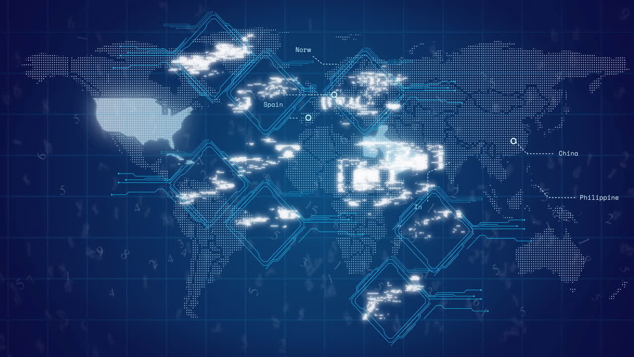 세계 지도, 연결 네트워크 및 데이터 처리의 애니메이션