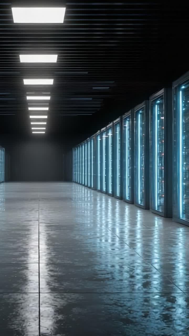 Un corridoio di un centro dati high-tech che mostra file di rack server luminosi, enfatizzando l'infrastruttura moderna e la tecnologia avanzata in un ambiente scarsamente illuminato