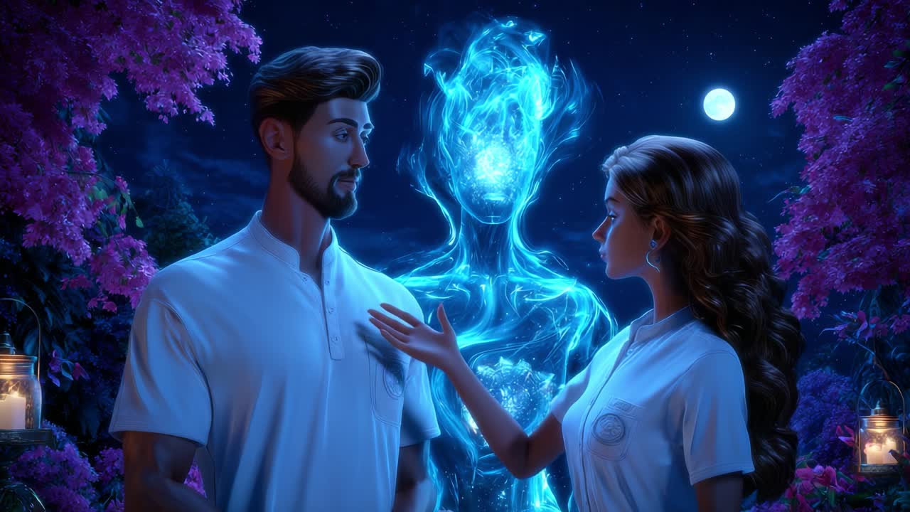 In a mystical setting illuminated by ethereal lights, a man and a woman share a profound moment, visually connected with a spirit-like figure radiating from behind, surrounded by vibrant flora and soft moonlight