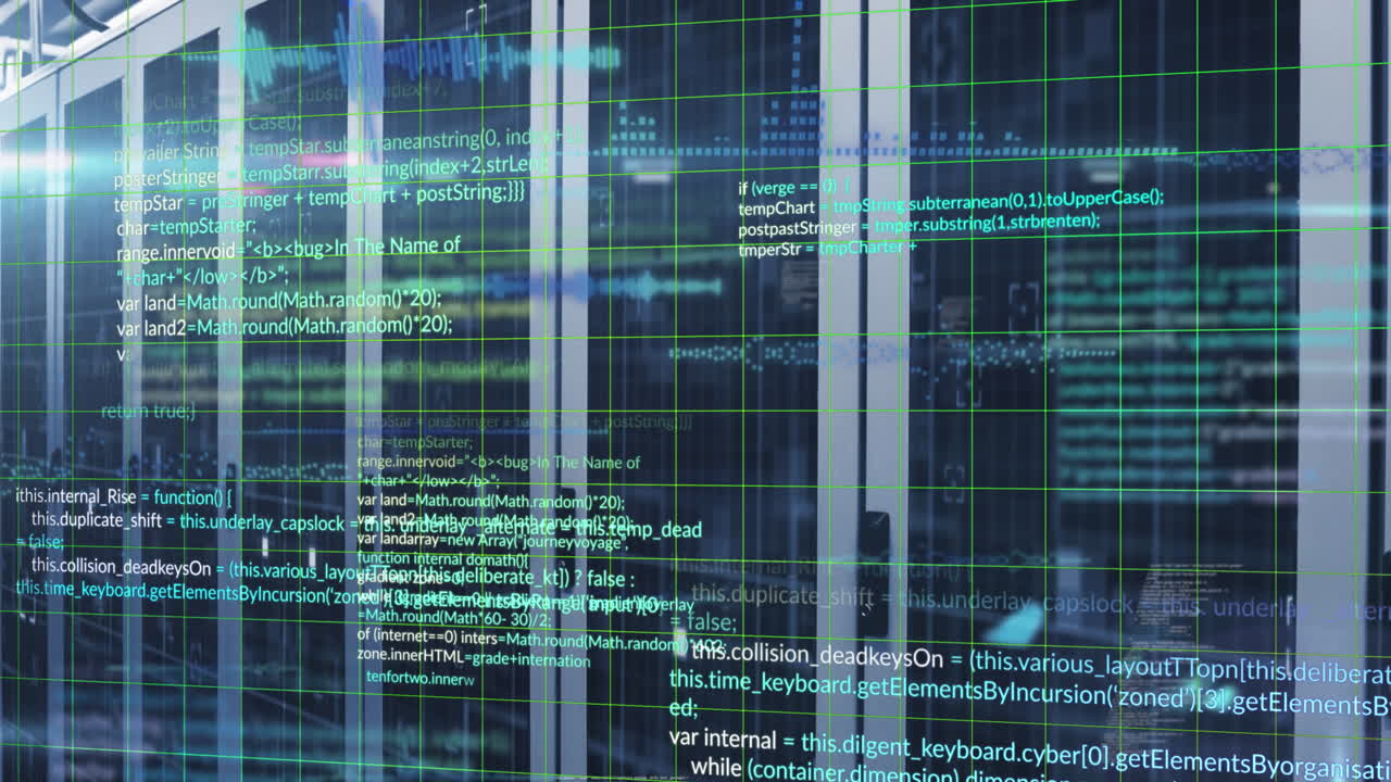Animation of data processing over grid network and light spot against computer server room