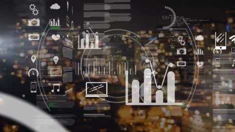 animación del procesamiento de datos con la ciudad en el fondo