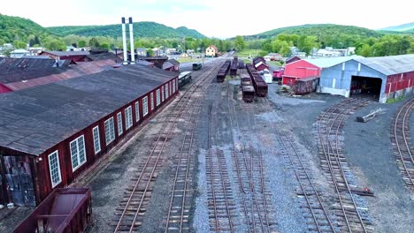 an aerial view of an abandoned narrow gauge coal rail road with rusting hoppers and freight cars and support building starting to be restored