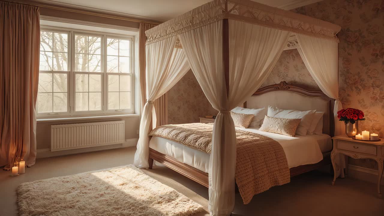 Starting camera panning right and zooming in on four-poster bed in bedroom, framing candles