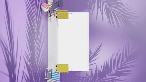animación de renderización 3d vertical del producto espacio de copia vacío con configuración de luz y concepto de viaje con portátil y maleta en fondo púrpura de playa de palma tropical