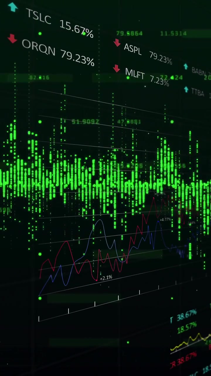 Animation af finansiel databehandling over et gitter på mørk baggrund.