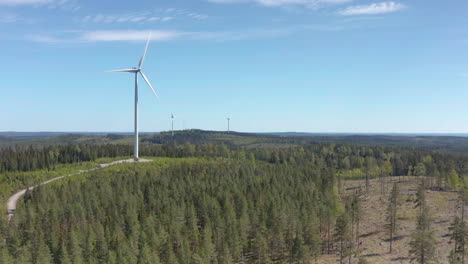 Wind-turbine-spins-against-blue-sky-surrounded-by-pine-forest