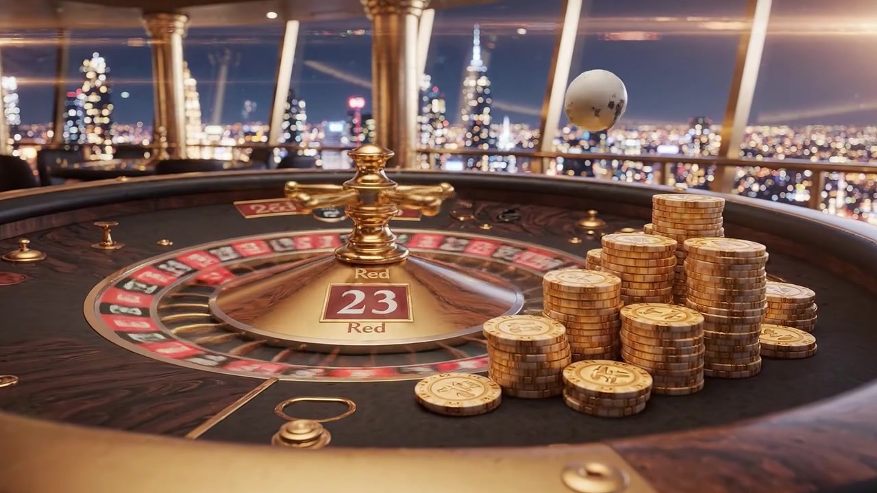 Elegante scena di casinò che presenta un tavolo da roulette con fiches e una vista panoramica della città di notte, illuminata dalle luci della città da una posizione elevata.