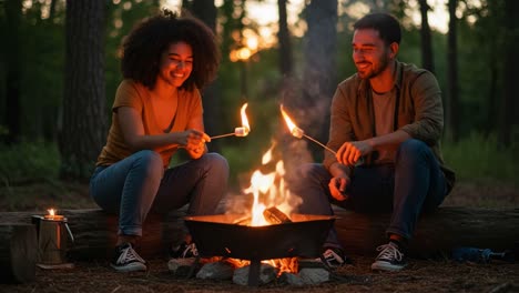 an evening of joyful connection and adventure: two friends enjoying toasted marshmallows by a campfire surrounded by nature's beauty and warmth