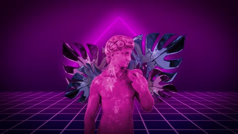 animación de escultura antigua de neón, hojas y cuadrado de neón con glitch sobre fondo transparente.